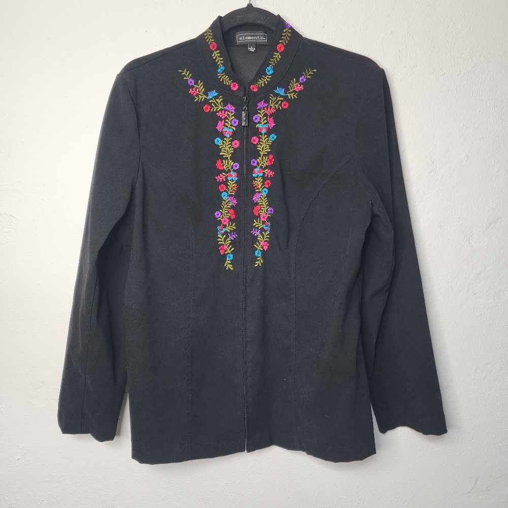 Elementz Embroidered Floral Mandarin Collar‎ Jacket L Vintage Style - Picture 4 of 11
